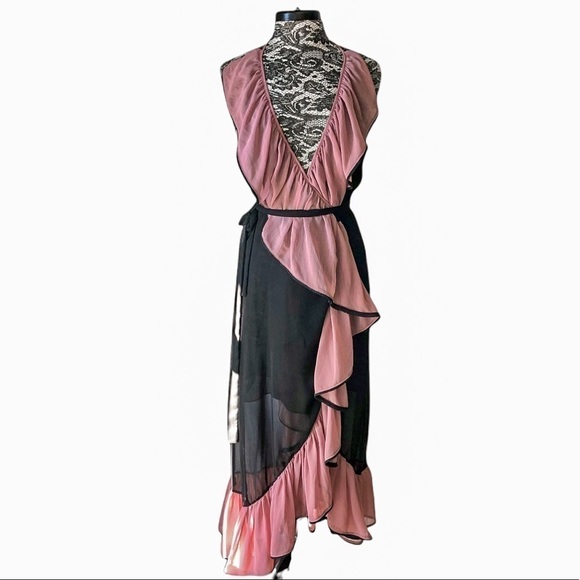 MISA Domanik Ruffle Halter Chiffon Wrap Dress Black Pink - Picture 2 of 12